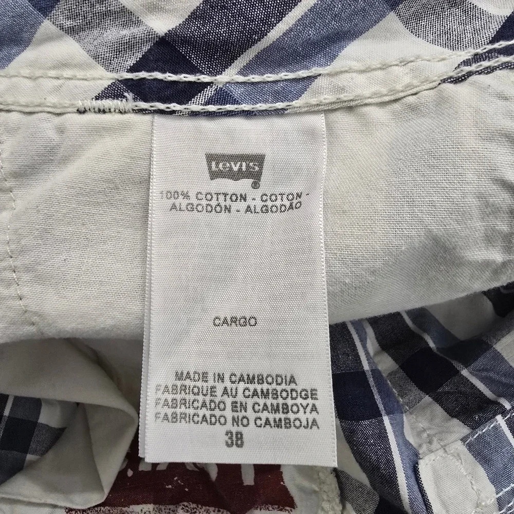 Levis‎ Mens Size 38 Blue White Plaid Cargo Shorts Cotton Relaxed Fit Utility
